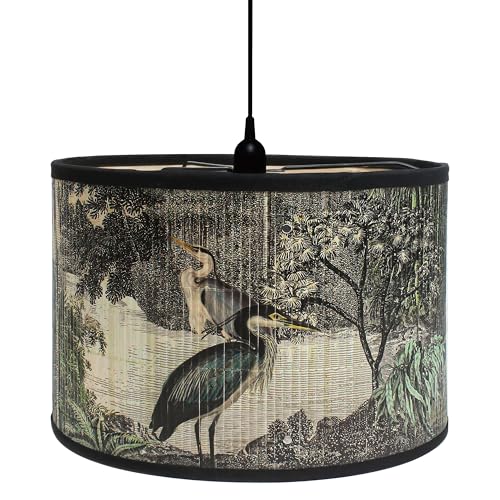 Marsrut Retro Lamp Shade for E27 Lampholder 118x79 Vintage Printed Art Deco Chandelier Cover Unique Drum Spider Japanese Tropical Funky Decorative Bamboo Lampshade for Hanging Table Floor Light Bird A - Image 1