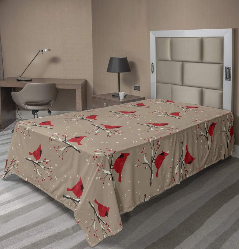 Lunarable Cardinal Flat Sheet, Cardinal Bird Silhouettes on Snowy Berry Branches on Abstract Background, Soft Comfortable Top Sheet Decorative Bedding 1 Piece, Twin Size, Caramel Taupe
