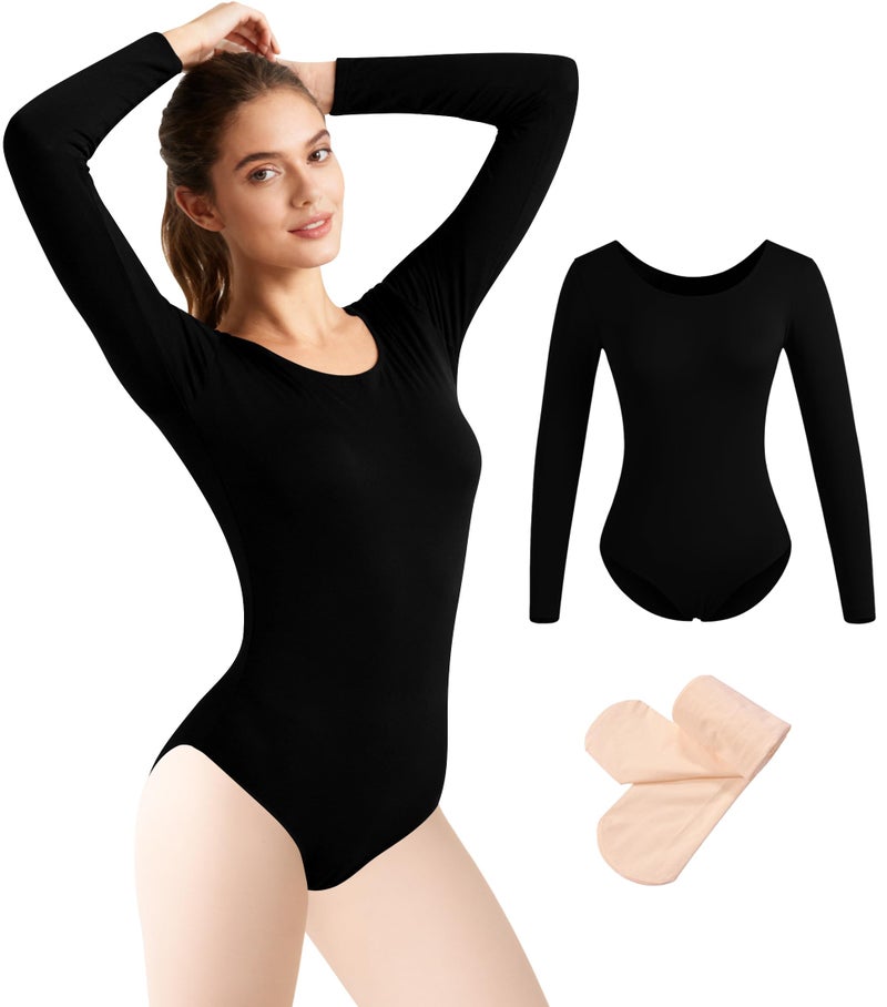MOLLDAN Women Long Sleeve Dance Leotard Ballet Leotard with Tights,Full Front Lining(4028-06-S) - Image 2