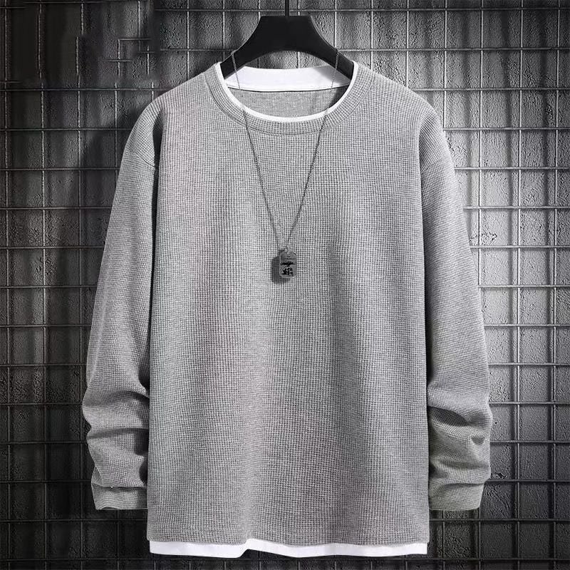 Waffle Long-Sleeved T-Shirt Men'S New Round Neck Base Fleece-Lined Inner Winter Solid Color Fake Two-Piece Top - Image 5
