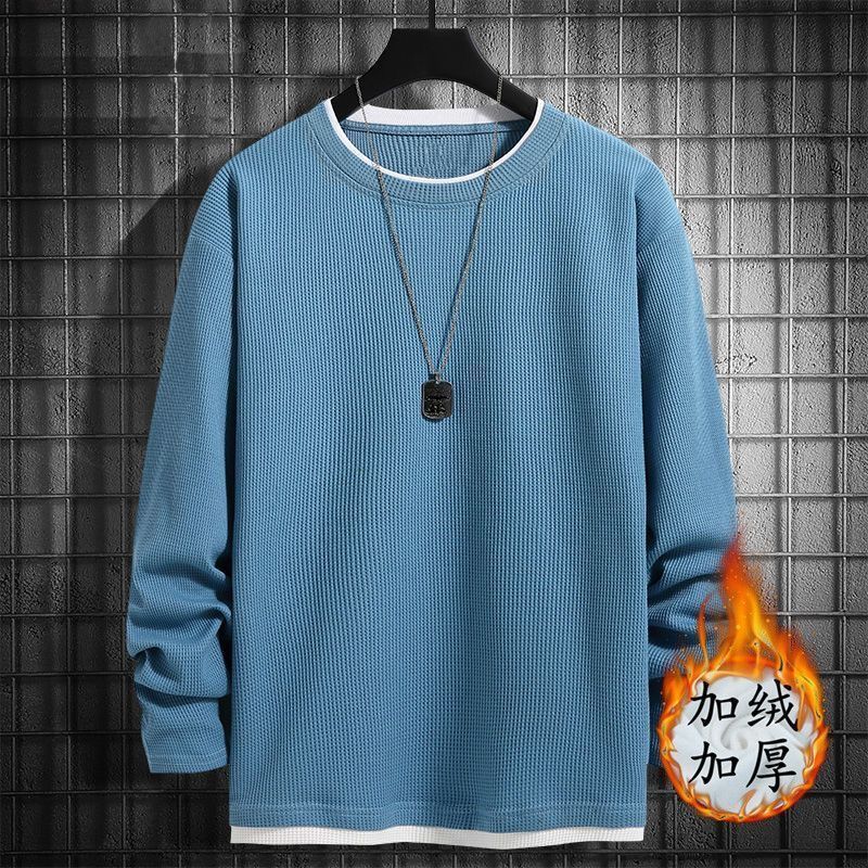 Waffle Long-Sleeved T-Shirt Men'S New Round Neck Base Fleece-Lined Inner Winter Solid Color Fake Two-Piece Top - Image 1