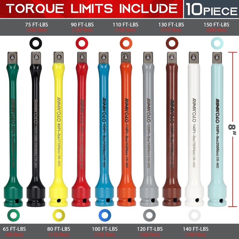 RIMKOLO 1/2" Drive Torque Limiting Extension Bar Set, 10-Piece Impact Torque Limiter Set with Color-Coded CR-MO Torque Sticks (65 to 150 Ft-Lbs) - Image 2