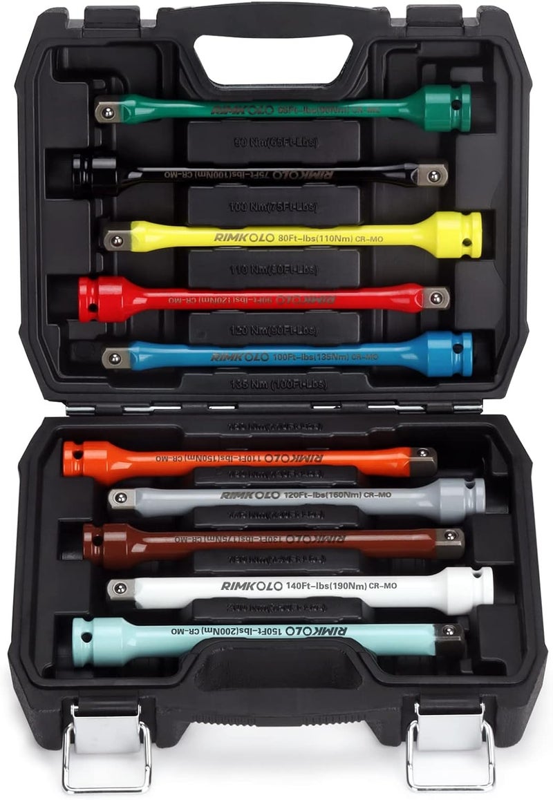 RIMKOLO 1/2" Drive Torque Limiting Extension Bar Set, 10-Piece Impact Torque Limiter Set with Color-Coded CR-MO Torque Sticks (65 to 150 Ft-Lbs) - Image 1