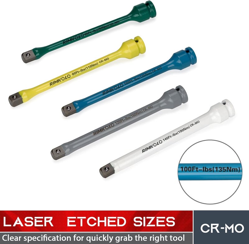 RIMKOLO 1/2" Drive Torque Limiting Extension Bar Set, 10-Piece Impact Torque Limiter Set with Color-Coded CR-MO Torque Sticks (65 to 150 Ft-Lbs) - Image 4