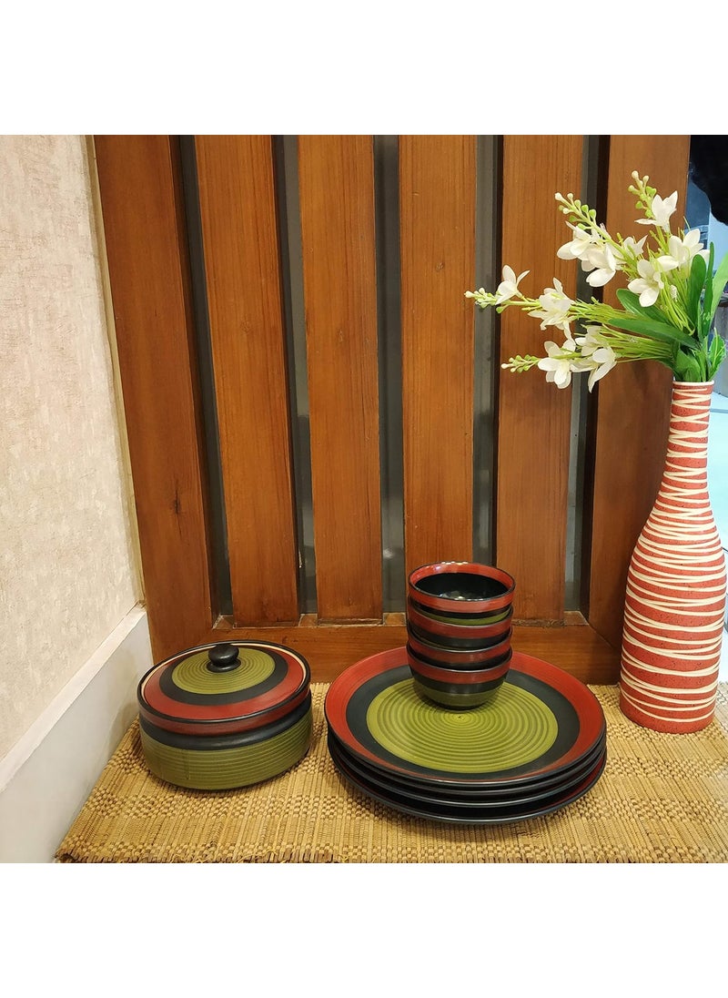 Caffeine Caffeine Ceramic Handmade Green Chandrakari Combo Dinner Set (9 pcs.)  - Image 1