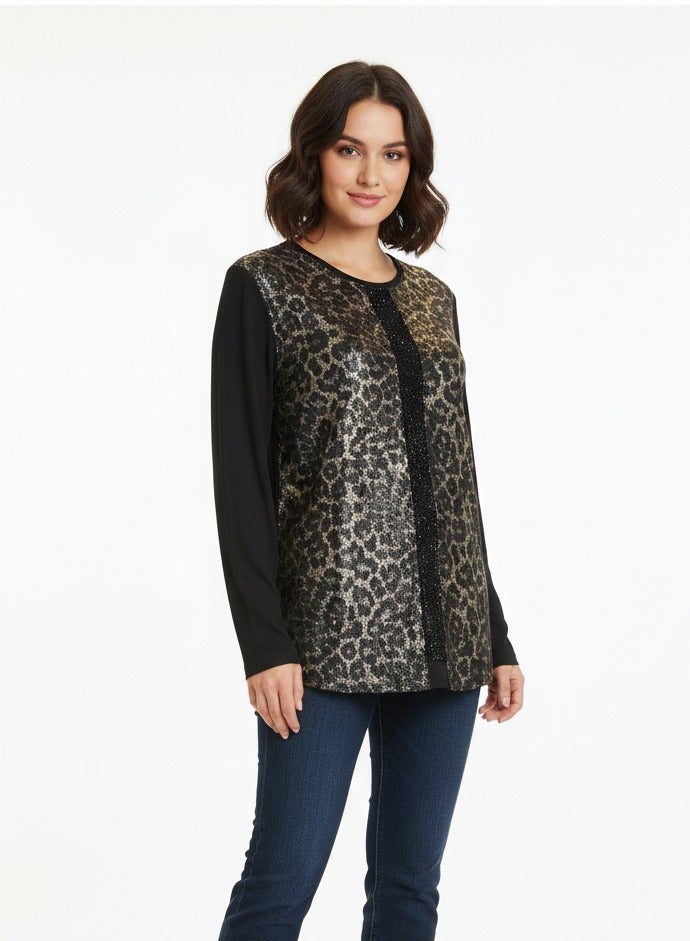 توب بلوزة تايجر ميتاليك قطن ليكرا مع فصوص اسود - Image 1