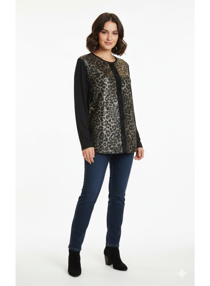 توب بلوزة تايجر ميتاليك قطن ليكرا مع فصوص اسود - Image 4