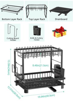 Serenova 2 Tier Dish Drying Rack for Kitchen Counter, Dish Drainers for Kitchen Counter with Drainboard, Metal Kitchen Dish Rack with Drain, Kitchen Drying Rack Two Tier, Black Dish Racks (Black)  - Image 2