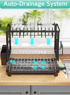 Serenova 2 Tier Dish Drying Rack for Kitchen Counter, Dish Drainers for Kitchen Counter with Drainboard, Metal Kitchen Dish Rack with Drain, Kitchen Drying Rack Two Tier, Black Dish Racks (Black)  - Image 4