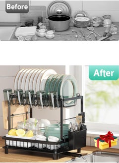 Serenova 2 Tier Dish Drying Rack for Kitchen Counter, Dish Drainers for Kitchen Counter with Drainboard, Metal Kitchen Dish Rack with Drain, Kitchen Drying Rack Two Tier, Black Dish Racks (Black)  - Image 3