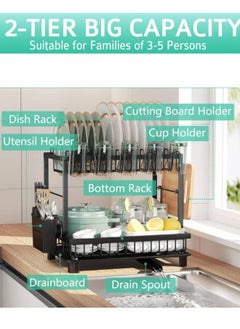 Serenova 2 Tier Dish Drying Rack for Kitchen Counter, Dish Drainers for Kitchen Counter with Drainboard, Metal Kitchen Dish Rack with Drain, Kitchen Drying Rack Two Tier, Black Dish Racks (Black)  - Image 5