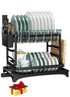 Serenova 2 Tier Dish Drying Rack for Kitchen Counter, Dish Drainers for Kitchen Counter with Drainboard, Metal Kitchen Dish Rack with Drain, Kitchen Drying Rack Two Tier, Black Dish Racks (Black)  - Image 1