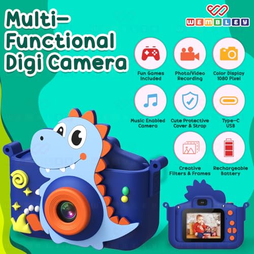 Wembley Kids Camera 48MP 1080P HD Video | Dinosaur Theme Digital Camera for Kids 3–12 Years | 2 Inch Screen with Games & 32GB SD Card | Selfie Photo Video Recording | Birthday Gift for Boys & Girls - Image 3