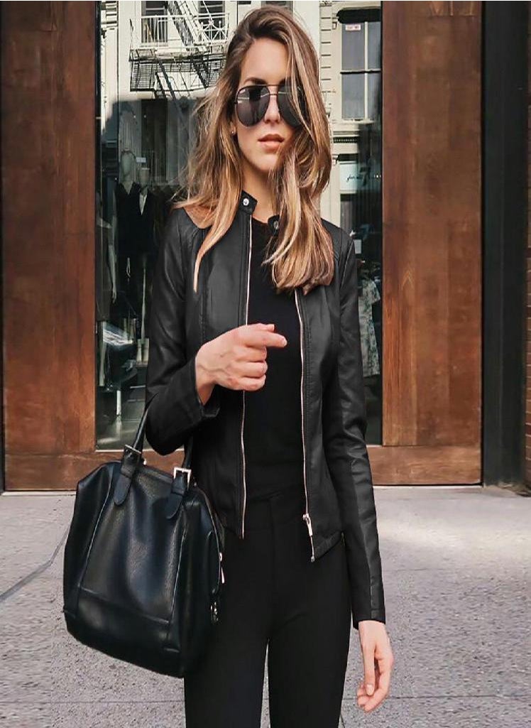 Eckek - Women Ladies Lapel Motor Jacket Coat Zip Biker Short Punk Cropped Tops - Image 1