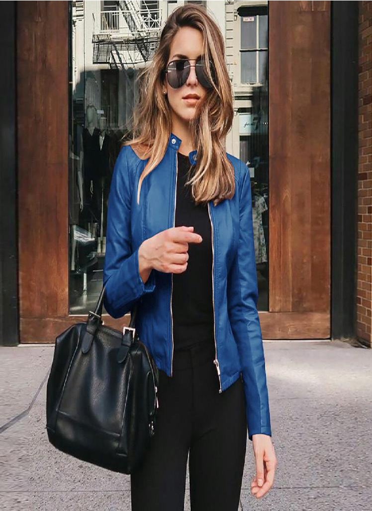 Eckek - Women Ladies Lapel Motor Jacket Coat Zip Biker Short Punk Cropped Tops - Image 1