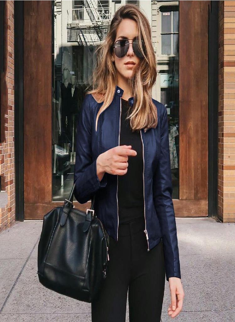 Eckek - Women Ladies Lapel Motor Jacket Coat Zip Biker Short Punk Cropped Tops - Image 1