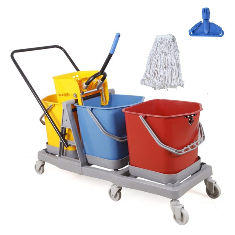 TARGET HYGIENE TARGET HYGIENE 3 Bucket MOP Wringer Trolley 3 Bucket Wringer Trolley Bucket System for Cleaning for Hospital with IncludedCotton Wet Mop Refill 350 Gm Clip 60 LTR REDBlueYellowGray Plastic  - Image 1