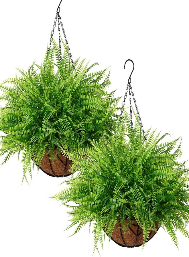 KHOYIME Artificial Hanging Plants with Basket 2PCS Fake Boston Fern Baskets, Outdoor Faux Greenery Stems Hanging Decor UV Resistant Indoor Outside Decorations for Home Garden Porch Balcony Patio Yard - Image 1