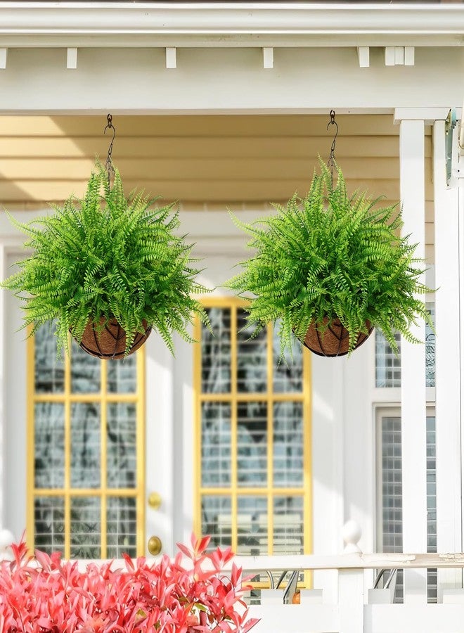 KHOYIME Artificial Hanging Plants with Basket 2PCS Fake Boston Fern Baskets, Outdoor Faux Greenery Stems Hanging Decor UV Resistant Indoor Outside Decorations for Home Garden Porch Balcony Patio Yard - Image 2