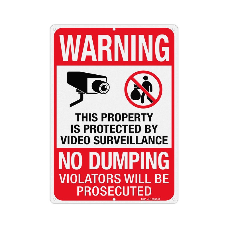 تي آر لافتة كبيرة "ممنوع الإلقاء" من T&R، لافتة "ممتلكات محمية بكاميرات مراقبة"، مقاس 14 × 10 بوصات، مصنوعة من الألومنيوم العاكس المقاوم للصدأ بسماكة 0.040 بوصة، مقاومة للعوامل الجوية، مقاومة للماء، مقاومة للبهتان، مزودة بـ 6 ثقوب مثقوبة مسبقًا. - Image 1