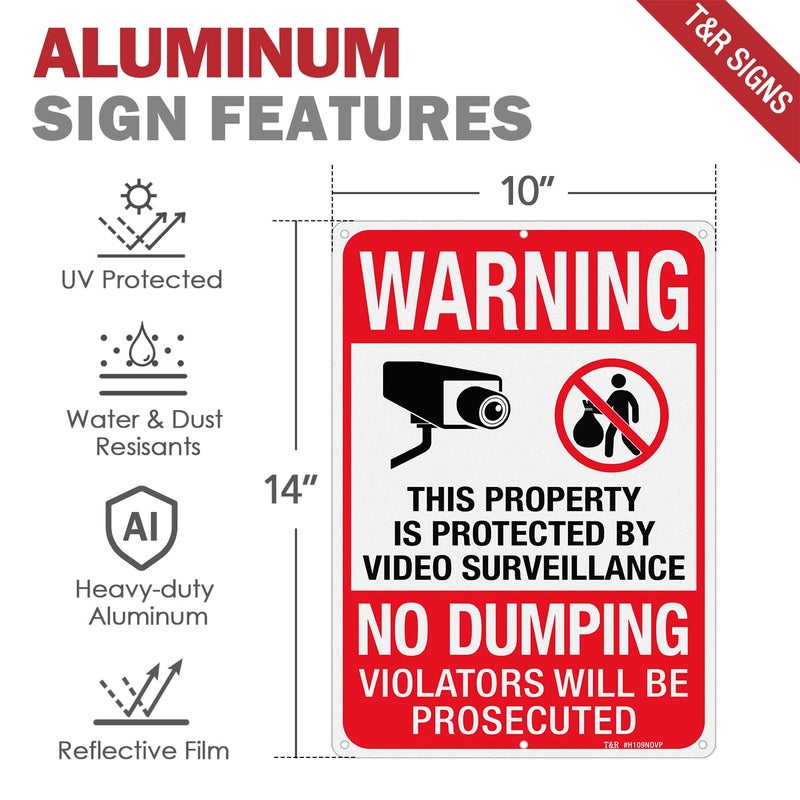 تي آر لافتة كبيرة "ممنوع الإلقاء" من T&R، لافتة "ممتلكات محمية بكاميرات مراقبة"، مقاس 14 × 10 بوصات، مصنوعة من الألومنيوم العاكس المقاوم للصدأ بسماكة 0.040 بوصة، مقاومة للعوامل الجوية، مقاومة للماء، مقاومة للبهتان، مزودة بـ 6 ثقوب مثقوبة مسبقًا. - Image 2