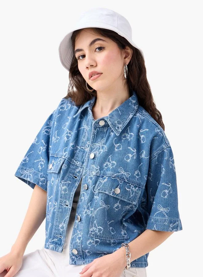Lee Cooper Lee Cooper Printed Cropped Denim Jacket with Pockets