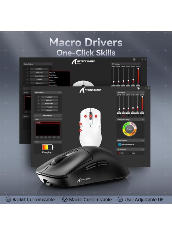 Attack Shark Shark Attack X3PRO Wireless Lightweight 4K/8K Gaming Mouse with Triple Mode (Wired/2.4GHz/Bluetooth) PAW3395 Optical Sensor and 200 Hours Battery 26K DPI Kailh GM8.0 Switch Long-Lasting Battery 7 Buttons for PC/Laptop/Windows/Mac Black - Image 5