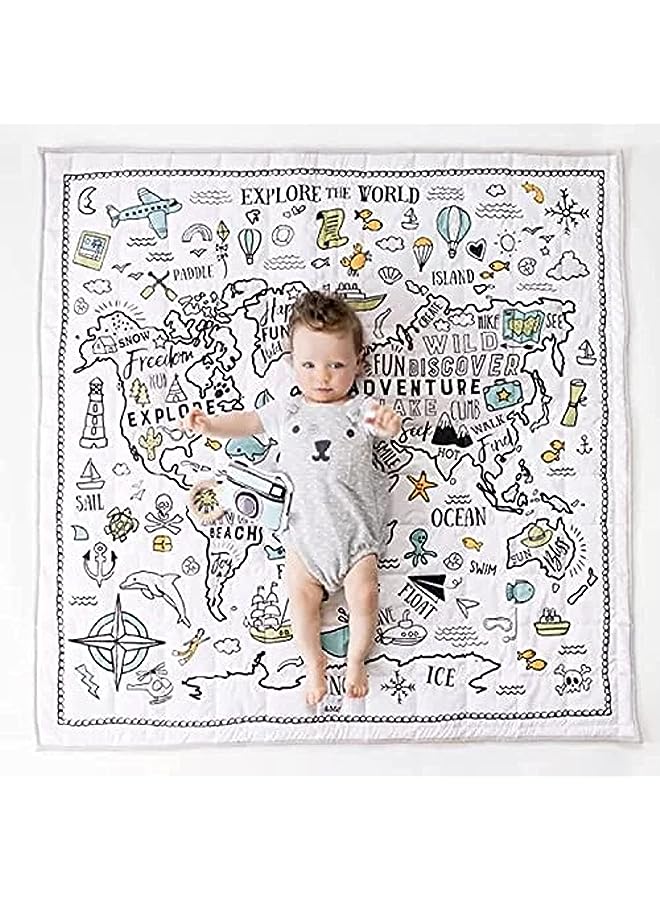 IAF Mat for crawling babies, MULINOO, Organic Cotton 120*120cm, Early Development World Map, Tummy Time or Travel, Nursery Rug, Room Decoration - Image 1