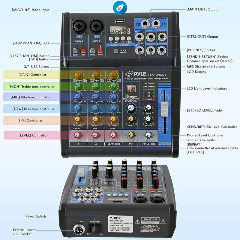 Pyle Professional Audio Mixer Sound Board Console System - 4 Channel -Bluetooth - USB MP3 Computer Input - 48V Phantom Power - Stereo DJ Studio Streaming FX 16-Bit DSP processor - PMXU43BT - Image 2