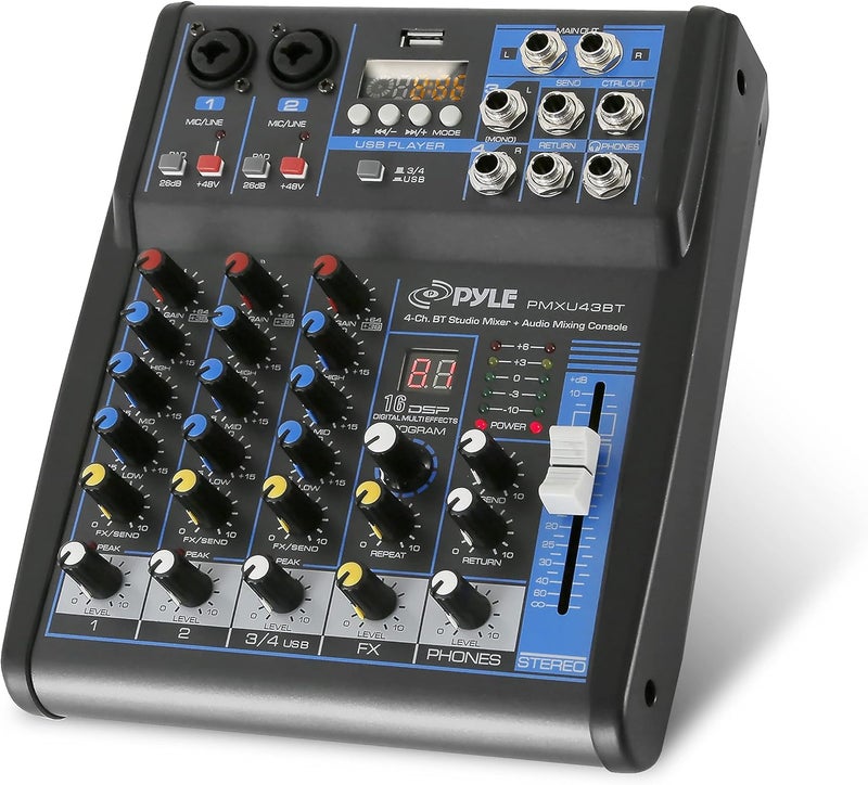 Pyle Professional Audio Mixer Sound Board Console System - 4 Channel -Bluetooth - USB MP3 Computer Input - 48V Phantom Power - Stereo DJ Studio Streaming FX 16-Bit DSP processor - PMXU43BT - Image 1