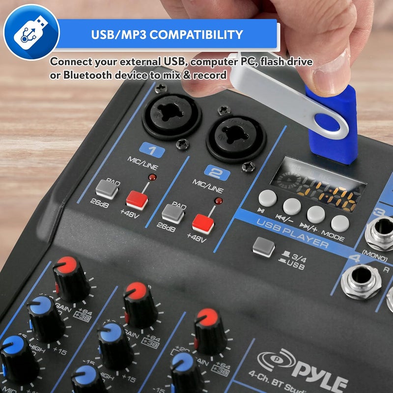 Pyle Professional Audio Mixer Sound Board Console System - 4 Channel -Bluetooth - USB MP3 Computer Input - 48V Phantom Power - Stereo DJ Studio Streaming FX 16-Bit DSP processor - PMXU43BT - Image 5