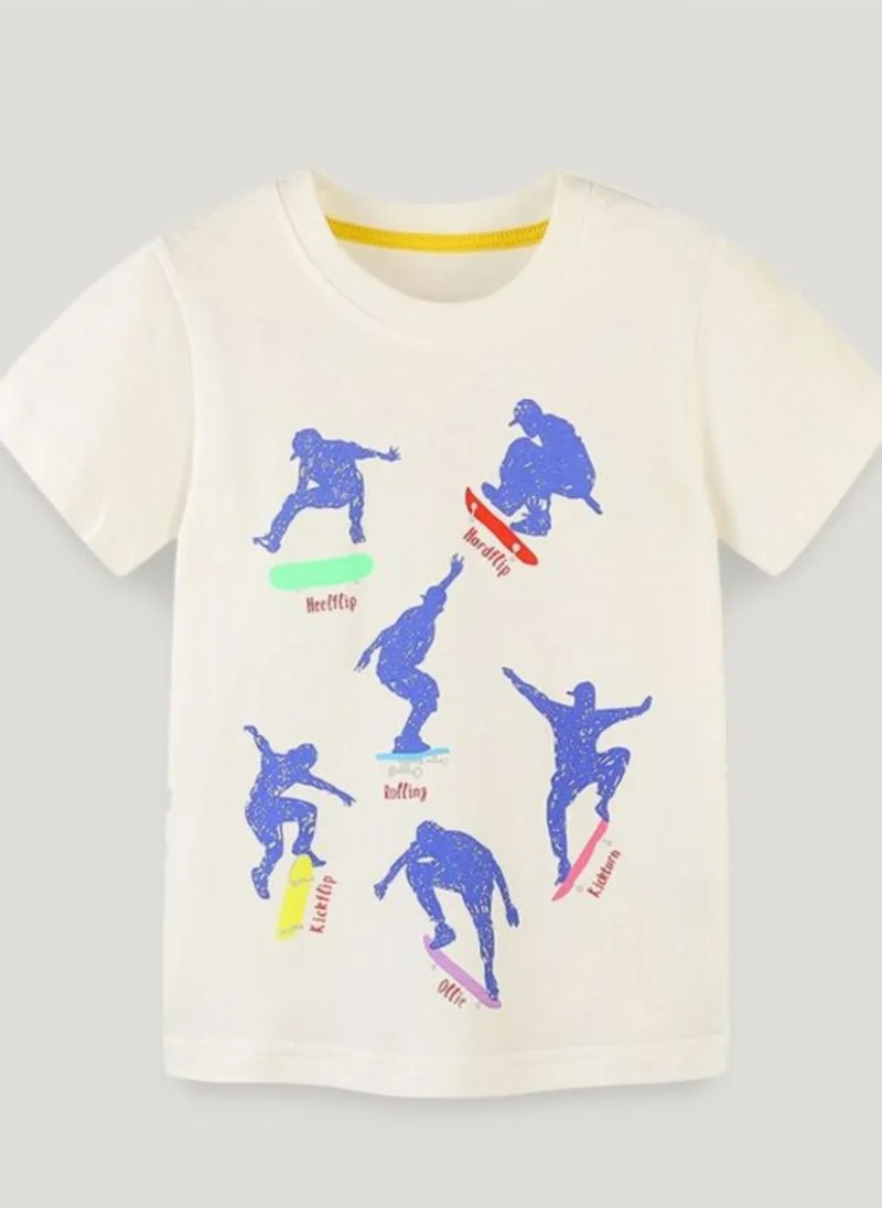 يونيكي Off White Printed Solid Round Neck Cotton T-shirt