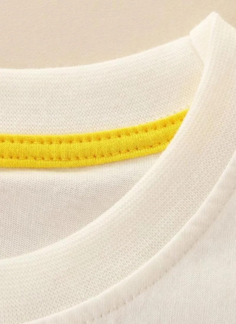 يونيكي Off White Printed Solid Round Neck Cotton T-shirt