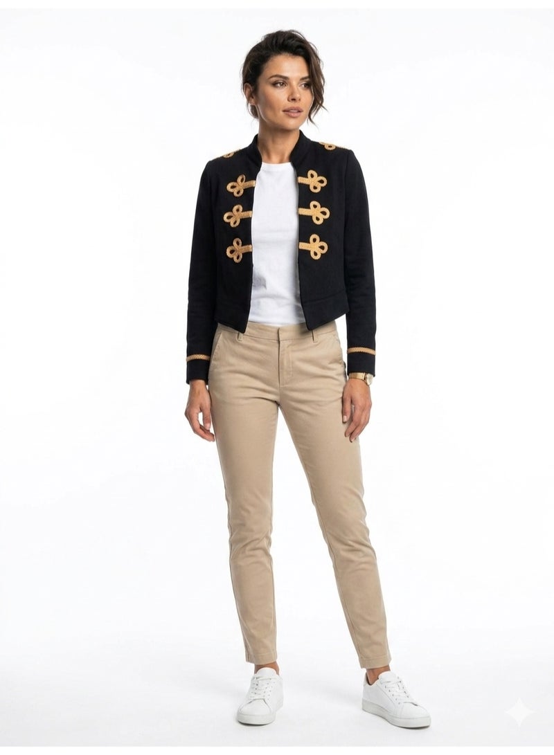 Women's Military Style Jacket cotton with embroidery Detail, Black blazer size smal - Image 2