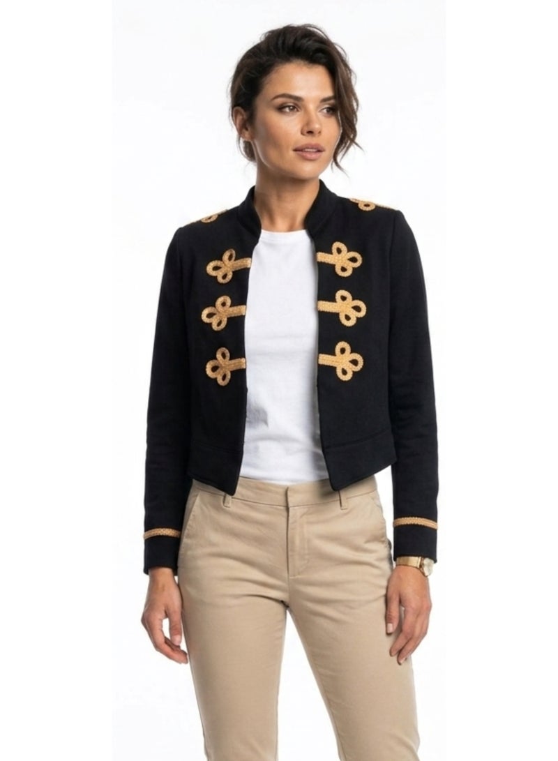 Women's Military Style Jacket cotton with embroidery Detail, Black blazer size smal - Image 1