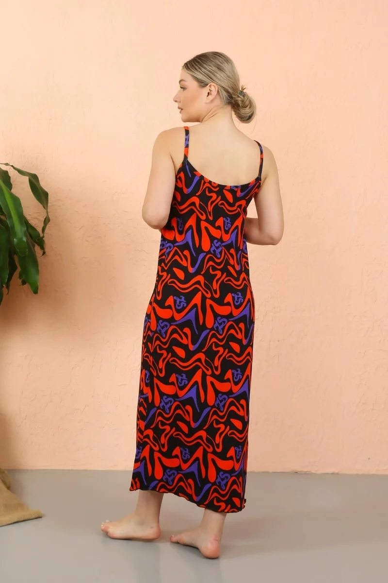 Akbeniz Women's Rope Strap Slit Long Black Nightgown 90124