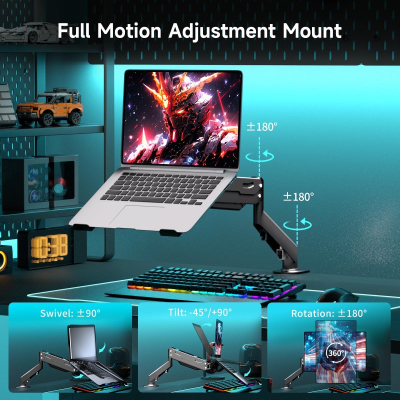 Pholiten Laptop Desk Mount with Gas Spring Arm, 2 in 1 Monitor Laptop Stand for 12-17 inch Notebook and 13-32 inch Computer Screen,Holds 22lbs. Full Motion Monitor Laptop Stand Mount with Vented Tray - Image 2