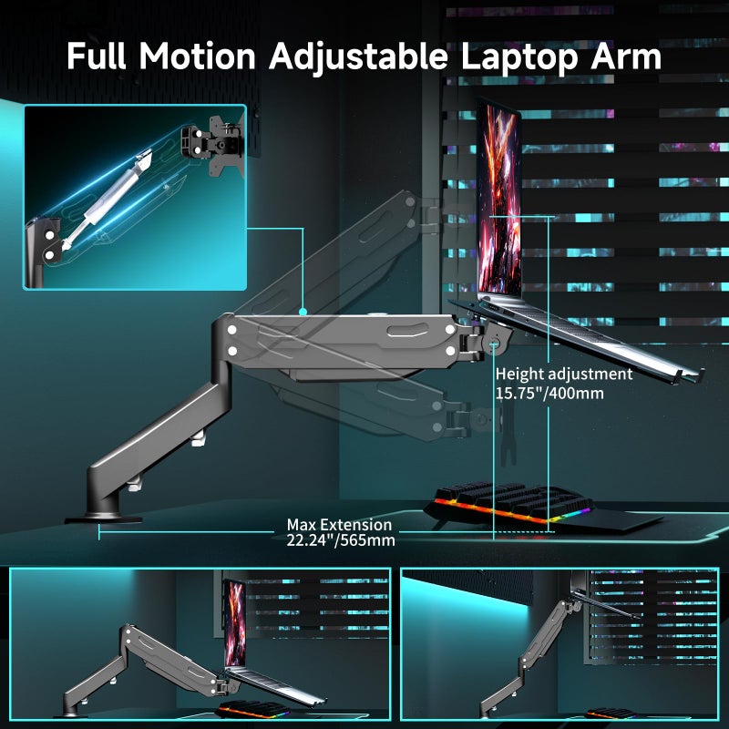 Pholiten Laptop Desk Mount with Gas Spring Arm, 2 in 1 Monitor Laptop Stand for 12-17 inch Notebook and 13-32 inch Computer Screen,Holds 22lbs. Full Motion Monitor Laptop Stand Mount with Vented Tray - Image 5