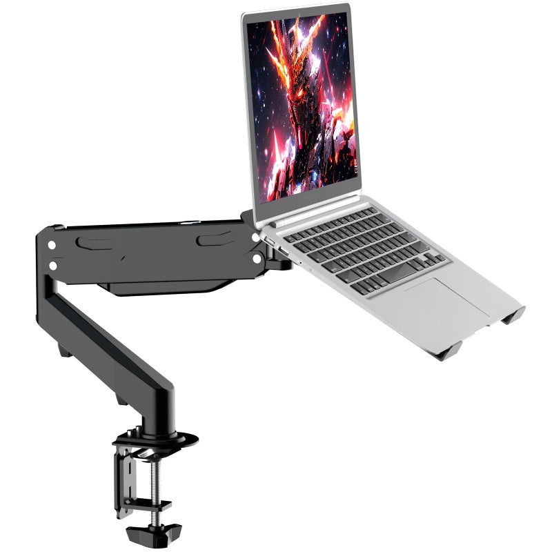 Pholiten Laptop Desk Mount with Gas Spring Arm, 2 in 1 Monitor Laptop Stand for 12-17 inch Notebook and 13-32 inch Computer Screen,Holds 22lbs. Full Motion Monitor Laptop Stand Mount with Vented Tray - Image 1