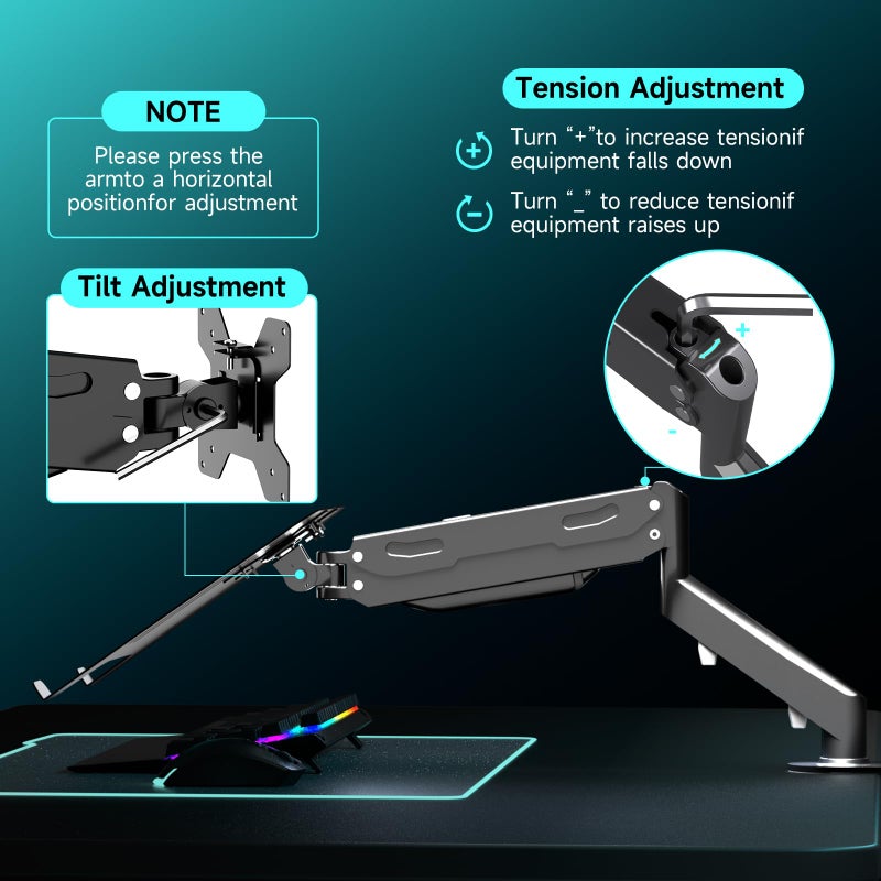 Pholiten Laptop Desk Mount with Gas Spring Arm, 2 in 1 Monitor Laptop Stand for 12-17 inch Notebook and 13-32 inch Computer Screen,Holds 22lbs. Full Motion Monitor Laptop Stand Mount with Vented Tray - Image 3