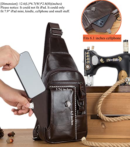 BULLCAPTAIN Genuine Leather Sling Bag for Men Crossbody with Cellphone Stand Chain Chest Shoulder Backpack Daypack XB-520 (Coffee) - Image 3