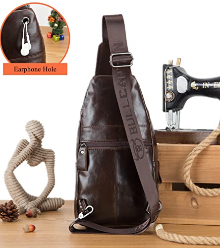 BULLCAPTAIN Genuine Leather Sling Bag for Men Crossbody with Cellphone Stand Chain Chest Shoulder Backpack Daypack XB-520 (Coffee) - Image 5