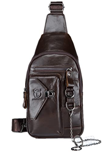 BULLCAPTAIN Genuine Leather Sling Bag for Men Crossbody with Cellphone Stand Chain Chest Shoulder Backpack Daypack XB-520 (Coffee) - Image 1