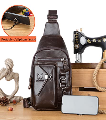 BULLCAPTAIN Genuine Leather Sling Bag for Men Crossbody with Cellphone Stand Chain Chest Shoulder Backpack Daypack XB-520 (Coffee) - Image 2