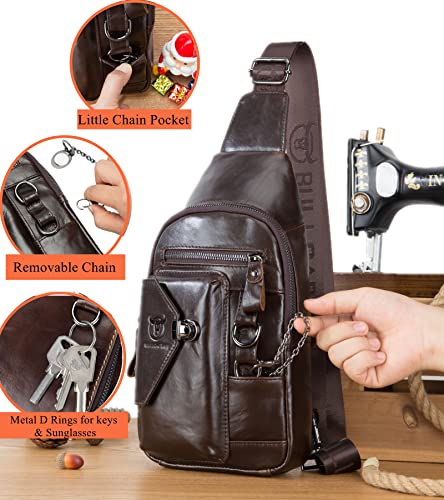 BULLCAPTAIN Genuine Leather Sling Bag for Men Crossbody with Cellphone Stand Chain Chest Shoulder Backpack Daypack XB-520 (Coffee) - Image 4