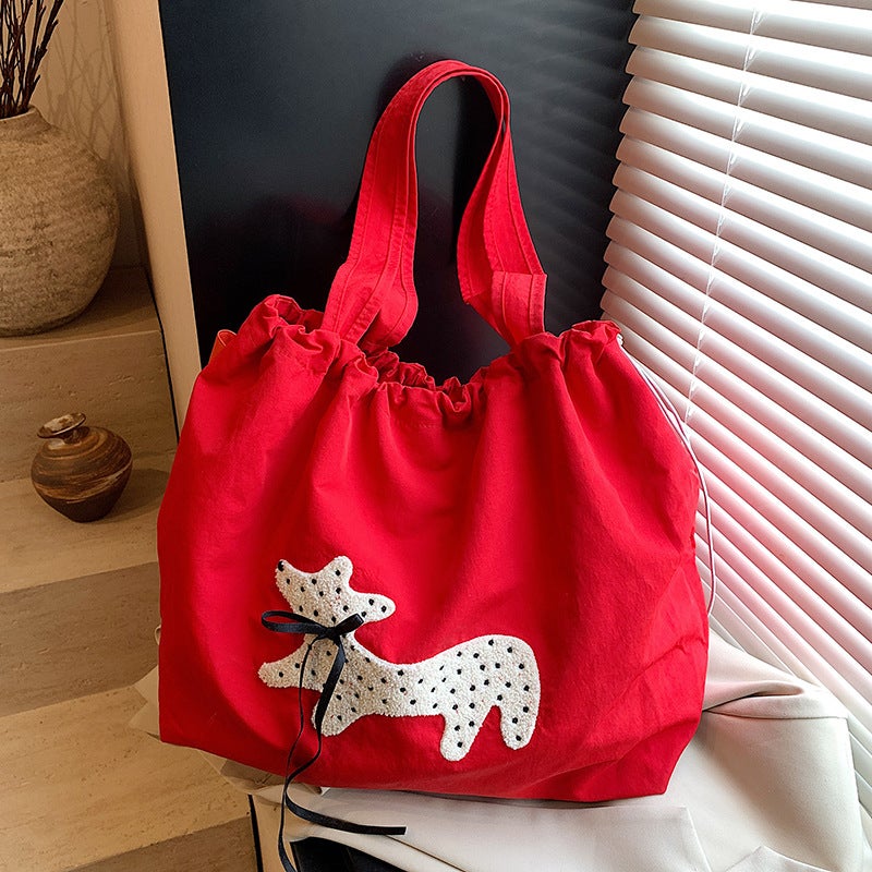 New Style Female Lazy Style Korean Style Puppy Embroidered Nylon Shoulder Bag High-Looking Holiday Drawstring Large Capacity Tote Bag - Image 1