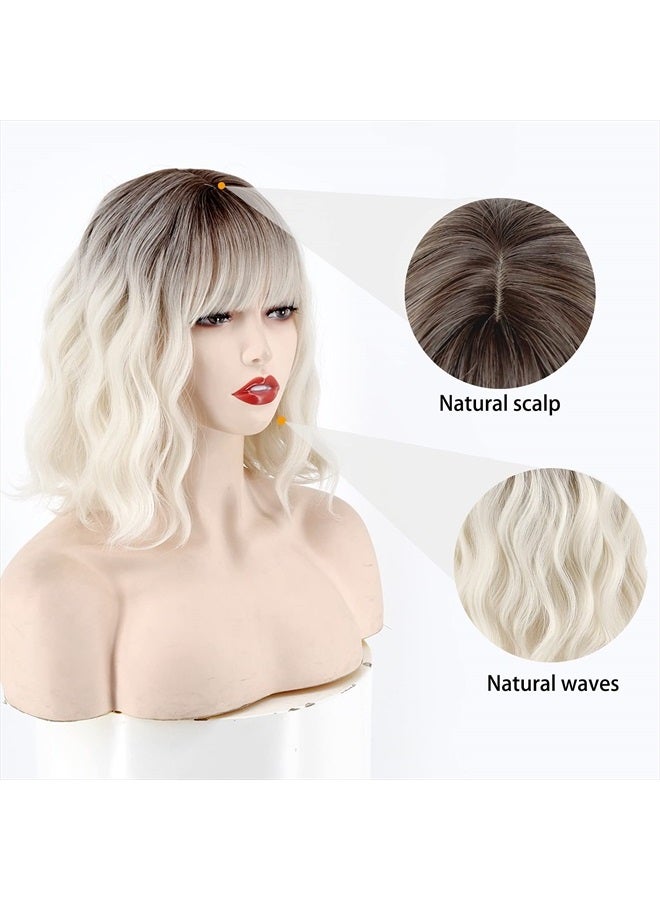 MISSQUEEN Short Platinum Blonde Wavy Wig with Bangs,Dark Roots Short White Blonde Wig for Women,Middle Part Cosplay blonde Wigs Natural Looking for Daily Use - Image 3