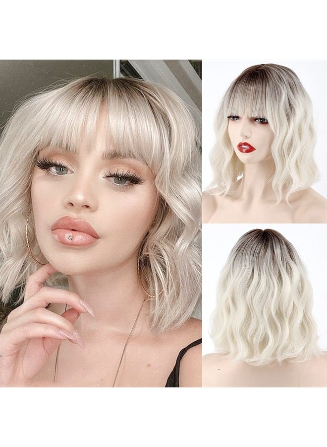 MISSQUEEN Short Platinum Blonde Wavy Wig with Bangs,Dark Roots Short White Blonde Wig for Women,Middle Part Cosplay blonde Wigs Natural Looking for Daily Use - Image 1