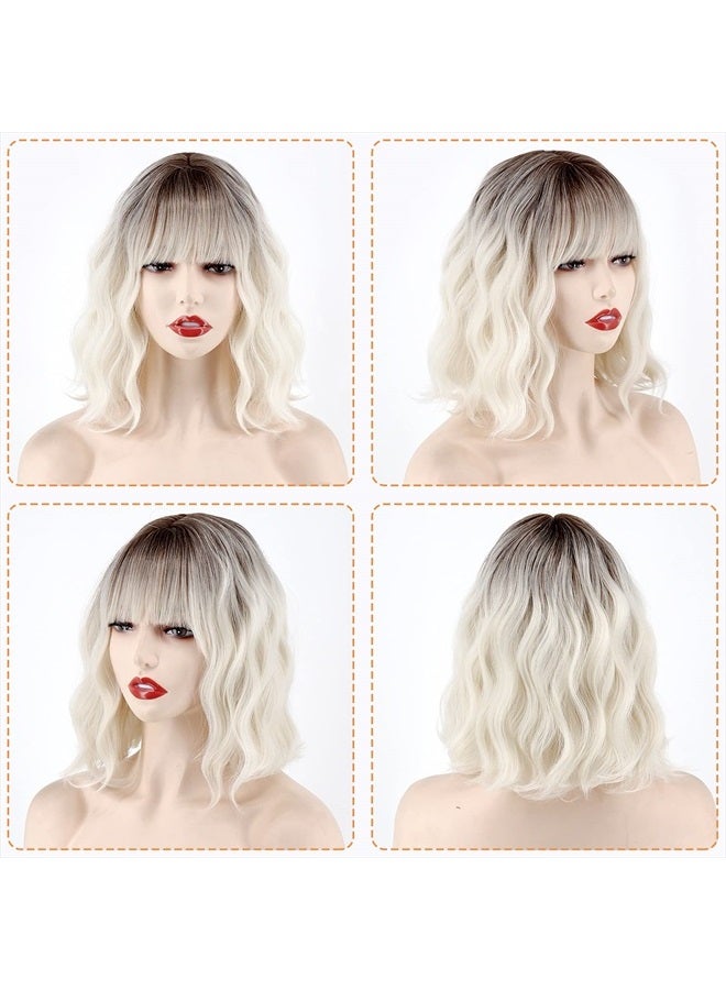 MISSQUEEN Short Platinum Blonde Wavy Wig with Bangs,Dark Roots Short White Blonde Wig for Women,Middle Part Cosplay blonde Wigs Natural Looking for Daily Use - Image 5