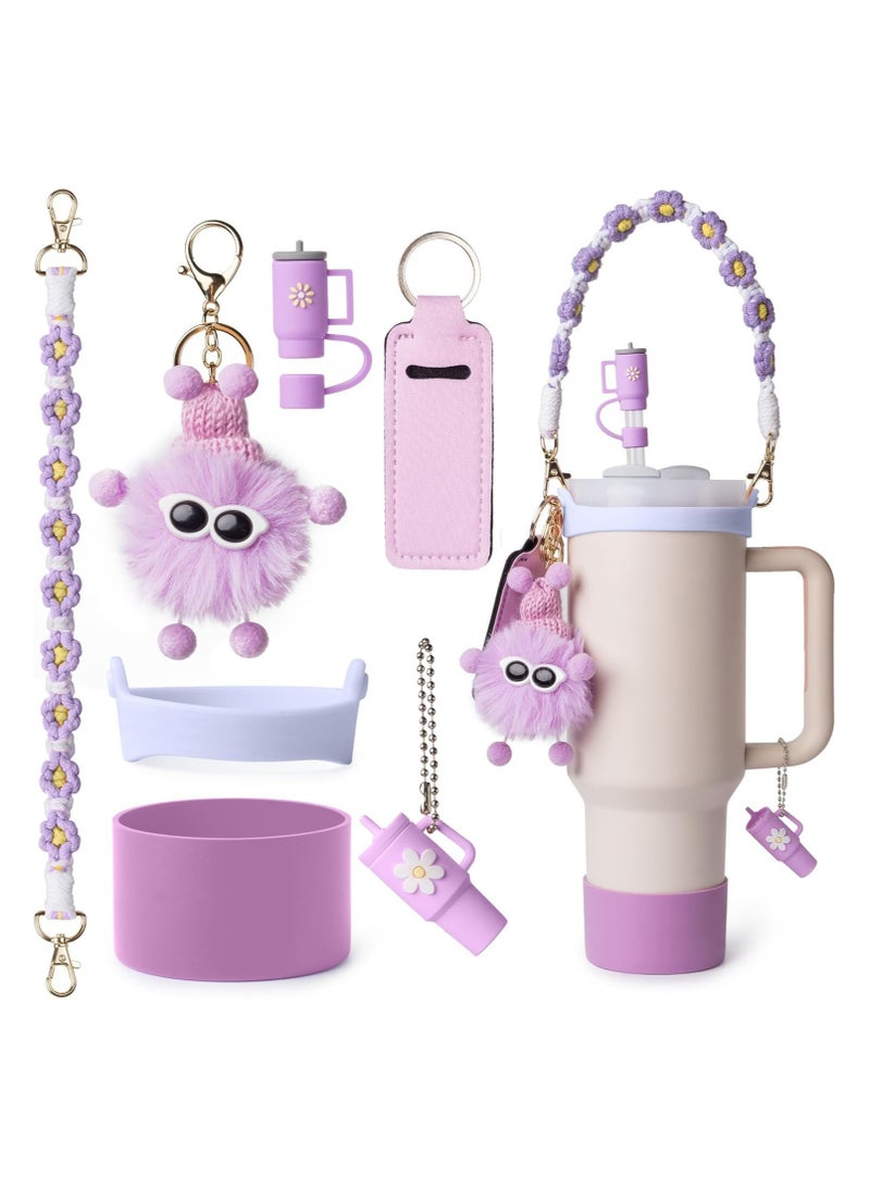Dominy 7pcs Cup Accessories Set for Stanley,Water Bottle Handle Strap,Silicone Cup Boot,Lipstick Holder,Keychain Charms&Handle Charms,Straw Topper Accessories for Stanley Cup 40oz&30oz Tumbler (Purple) - Image 1
